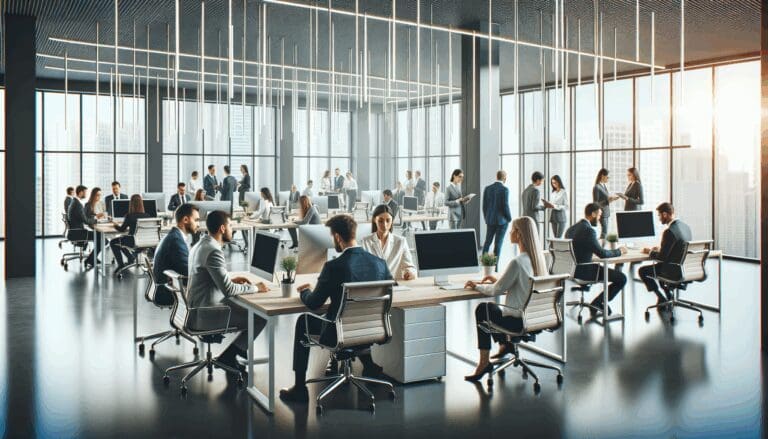 Oficina moderna con equipos tecnológicos y personas colaborando en mesas compartidas.