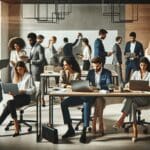 Grupo diverso de emprendedores colaborando en una oficina moderna con laptops y pizarras digitales.