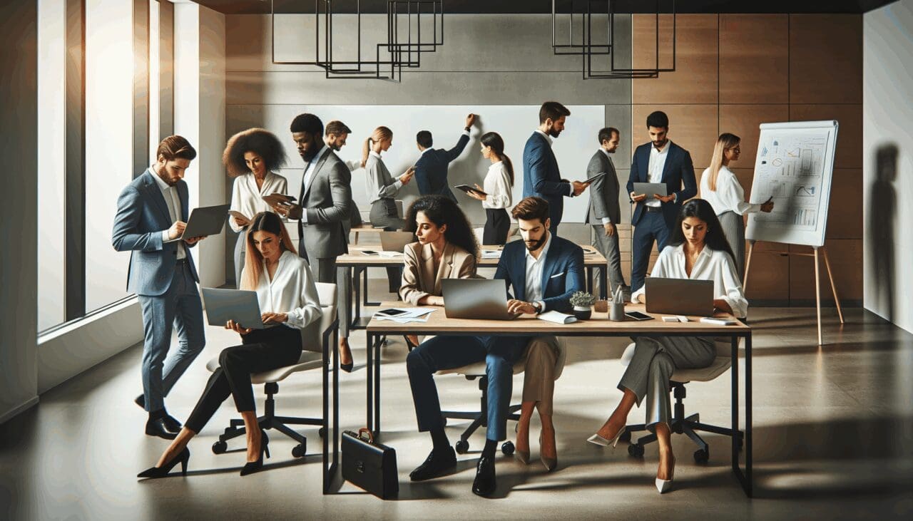 Grupo diverso de emprendedores colaborando en una oficina moderna con laptops y pizarras digitales.