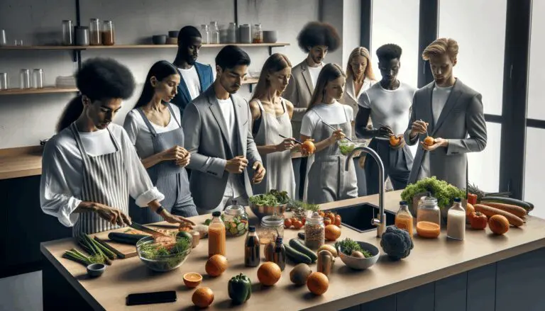 Grupo de jóvenes emprendedores en una cocina moderna preparando alimentos saludables.