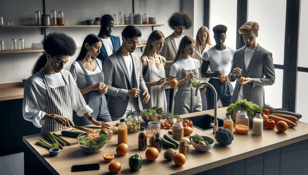 Grupo de jóvenes emprendedores en una cocina moderna preparando alimentos saludables.