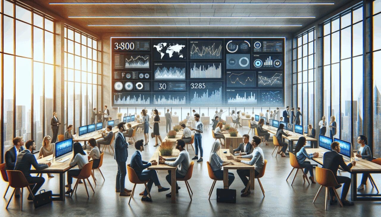 Emprendedores reunidos en un espacio de coworking moderno con pantallas mostrando gráficos digitales.