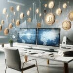 Gráfica digital de monedas virtuales flotando sobre computadoras en una oficina moderna.