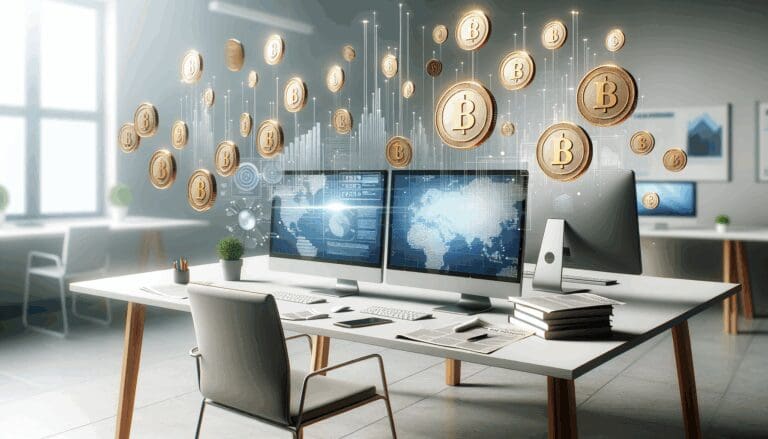 Gráfica digital de monedas virtuales flotando sobre computadoras en una oficina moderna.