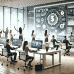 Oficinas de una fintech moderna con tecnología digital y personas colaborando
