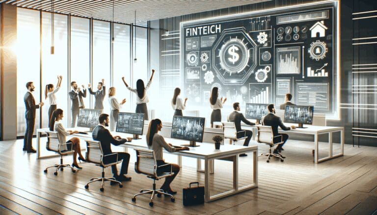 Oficinas de una fintech moderna con tecnología digital y personas colaborando