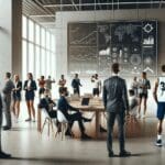 Ejecutivos y atletas reunidos en una moderna sala de coworking, laptops y pizarras digitales al fondo.