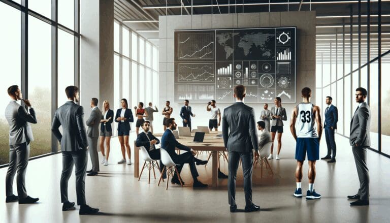 Ejecutivos y atletas reunidos en una moderna sala de coworking, laptops y pizarras digitales al fondo.