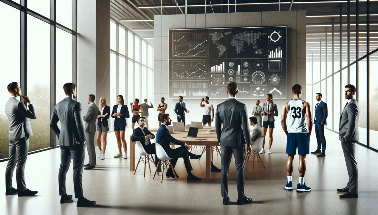 Ejecutivos y atletas reunidos en una moderna sala de coworking, laptops y pizarras digitales al fondo.