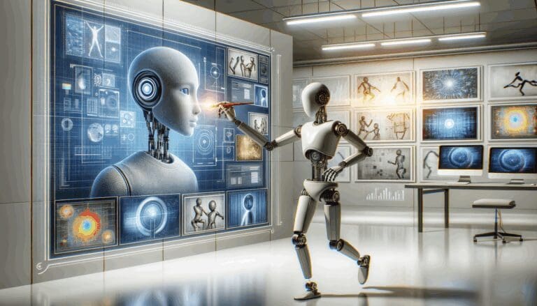 Ilustración conceptual de inteligencia artificial creando imágenes digitales en un entorno tecnológico.