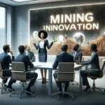 Ejecutiva discutiendo innovación minera en una sala de conferencias contemporánea.
