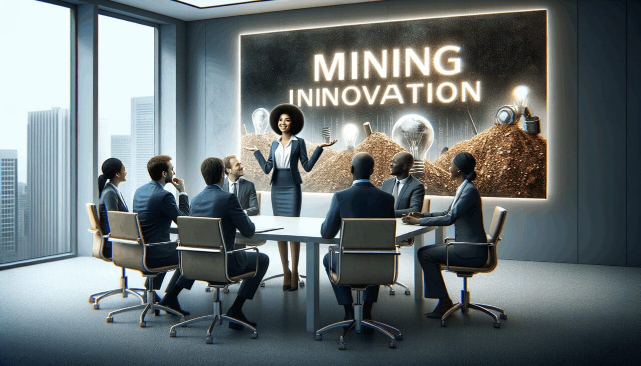 Ejecutiva discutiendo innovación minera en una sala de conferencias contemporánea.