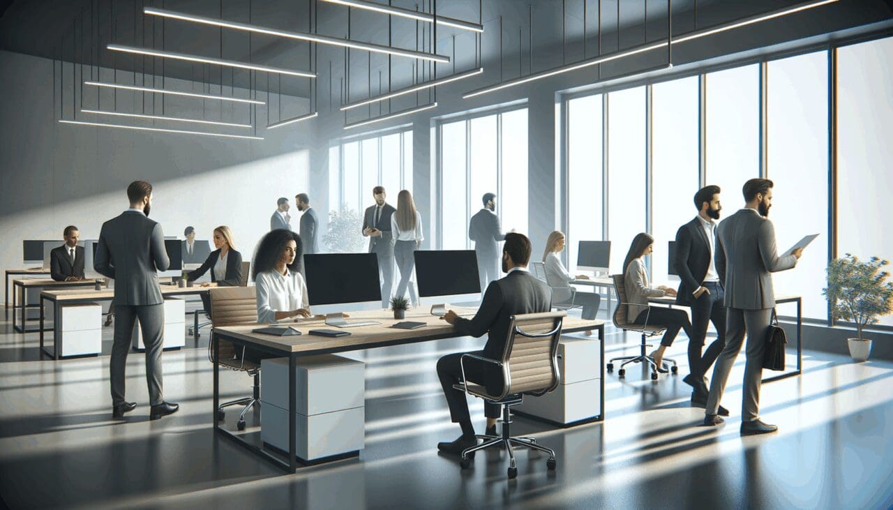 Oficinas modernas con equipos de trabajo colaborando en proyectos tecnológicos.