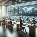 Fotografía editorial de oficinas modernas con empleados trabajando en computadores y pantallas con gráficos tecnológicos.