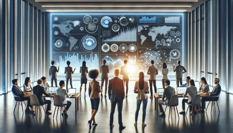 Grupo diverso de emprendedores en un espacio moderno colaborando frente a pantallas digitales con gráficos de datos energéticos.