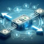 Representación digital de transferencias de dinero instantáneas sobre un fondo tecnológico azul.