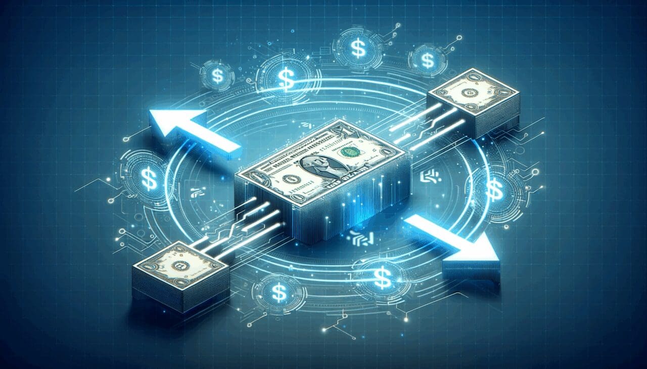 Representación digital de transferencias de dinero instantáneas sobre un fondo tecnológico azul.