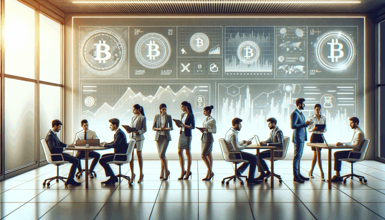 Ilustración de jóvenes profesionales colaborando frente a pantallas digitales con gráficos de criptomonedas en una oficina moderna.