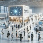 Escena de un pabellón expositivo moderno con personas interactuando en stands de innovación y tecnología.