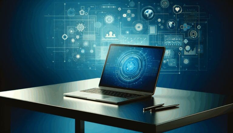 Laptop sobre escritorio moderno con gráficos digitales y fondo azul vibrante, ambiente colaborativo y tecnológico.