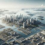 Vista aérea de Florianópolis mostrando infraestructura urbana y naturaleza en armonía con espacios tecnológicos.