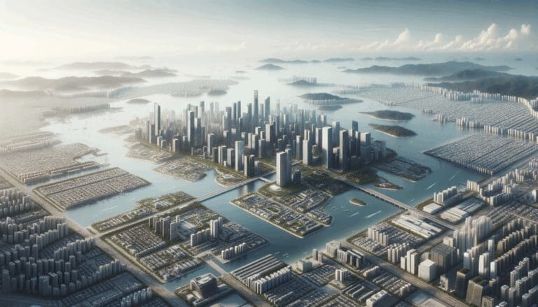 Vista aérea de Florianópolis mostrando infraestructura urbana y naturaleza en armonía con espacios tecnológicos.