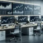 Oficina moderna con computadoras y gráficos de trading en pantallas, ambiente profesional y tecnológico.