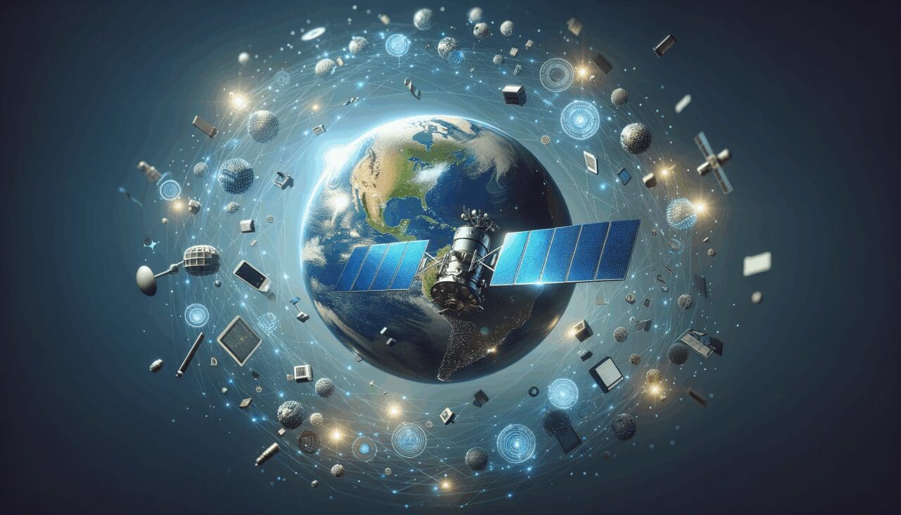 Ilustración conceptual de un satélite en órbita baja alrededor de la Tierra con destellos tecnológicos.
