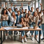 Equipo diverso de jóvenes emprendedores celebrando en un espacio moderno de coworking.