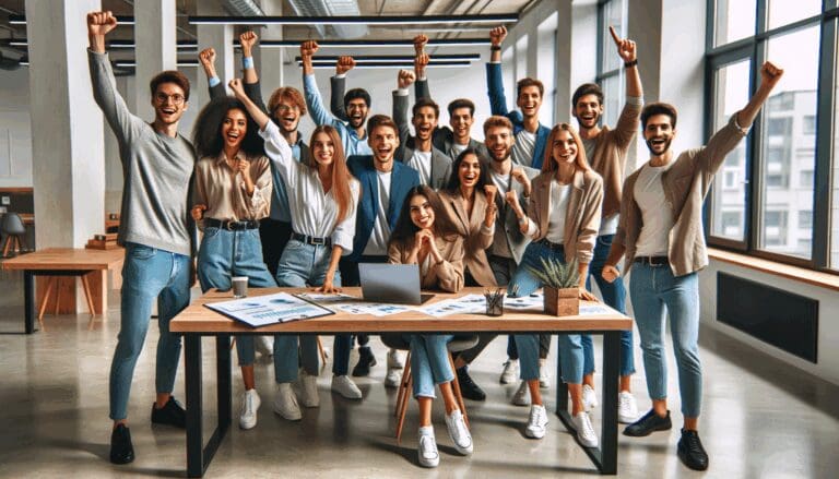 Equipo diverso de jóvenes emprendedores celebrando en un espacio moderno de coworking.