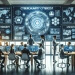 Equipo diverso de profesionales colaborando frente a pantallas con gráficos de ciberseguridad y datos digitales, ambiente tecnológico moderno.