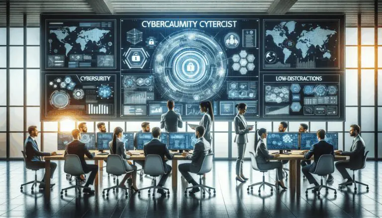 Equipo diverso de profesionales colaborando frente a pantallas con gráficos de ciberseguridad y datos digitales, ambiente tecnológico moderno.