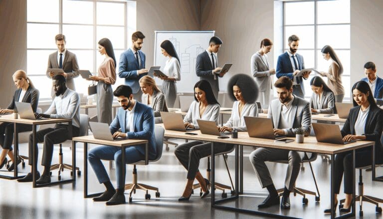 Equipo multicultural colaborando en un espacio de coworking moderno con laptops y pizarras.