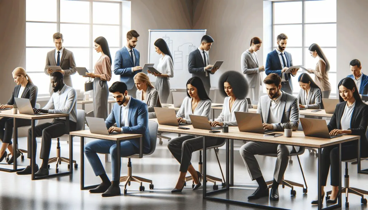 Equipo multicultural colaborando en un espacio de coworking moderno con laptops y pizarras.