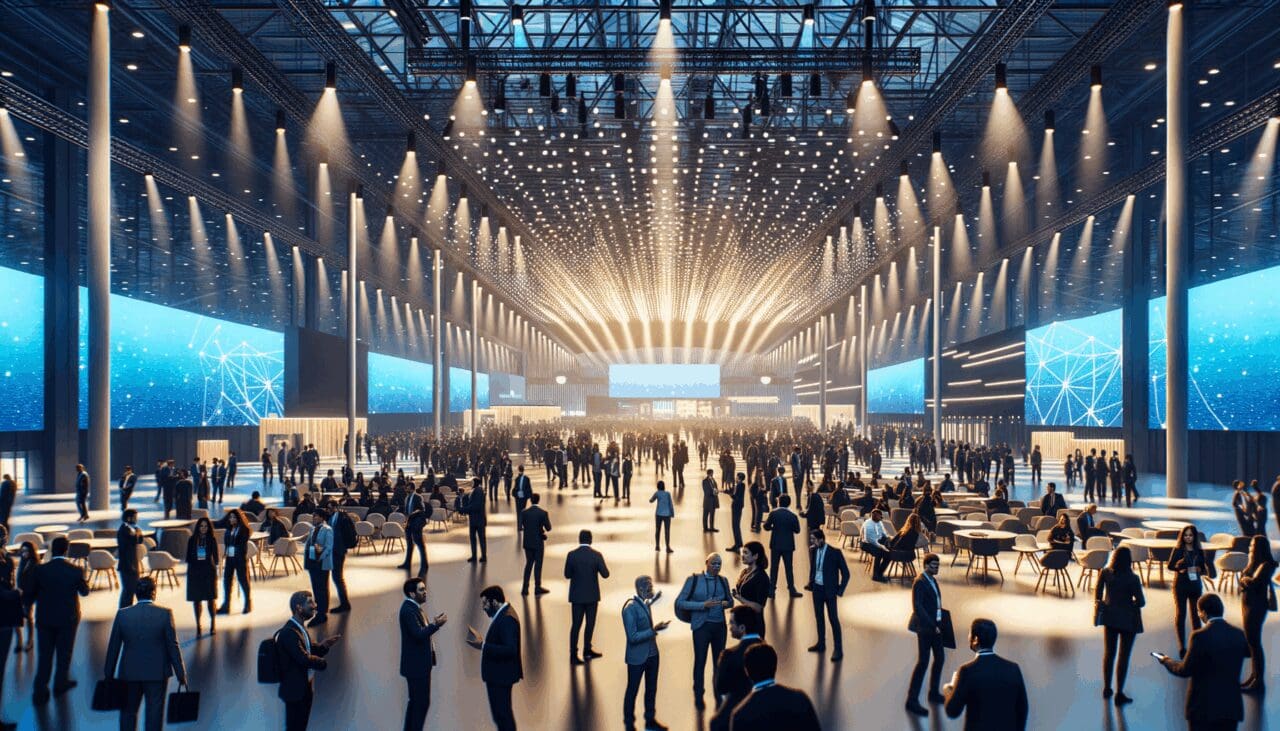 Salón principal de un evento tecnológico lleno de emprendedores latinoamericanos interactuando, con luces modernas y un ambiente inspirador.