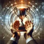 Primer plano de manos sosteniendo un trofeo luminoso frente a una pantalla con gráficos digitales y luces tecnológicas de fondo.