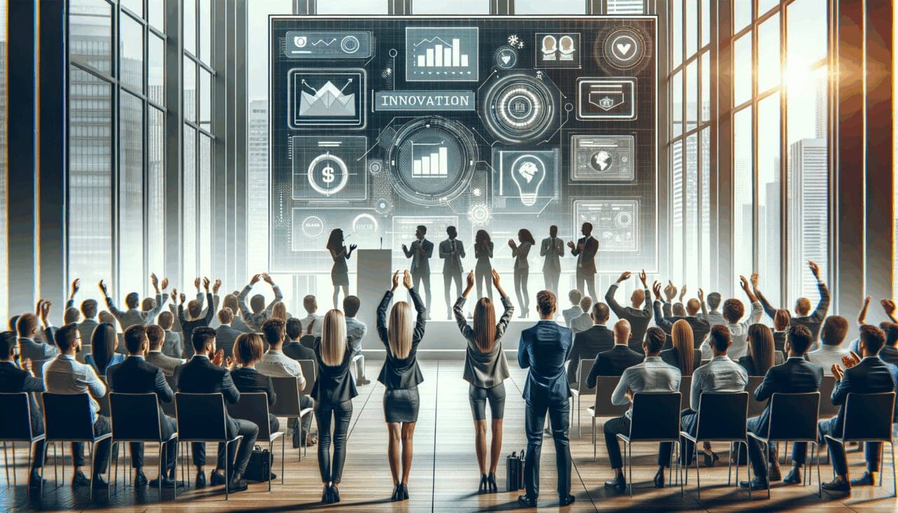 Panel durante un evento de innovación con emprendedores celebrando, fondo con pantallas digitales y público observando.