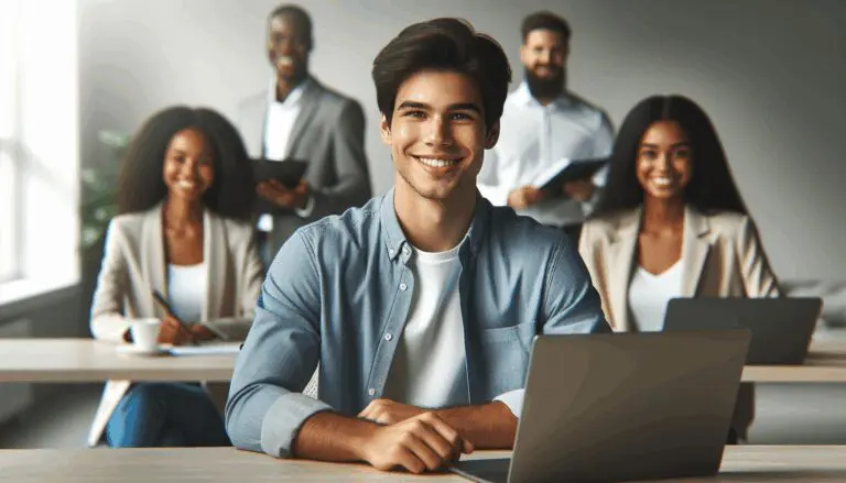 Retrato de un emprendedor joven en una oficina moderna con laptops, sonriendo, equipo diverso al fondo.