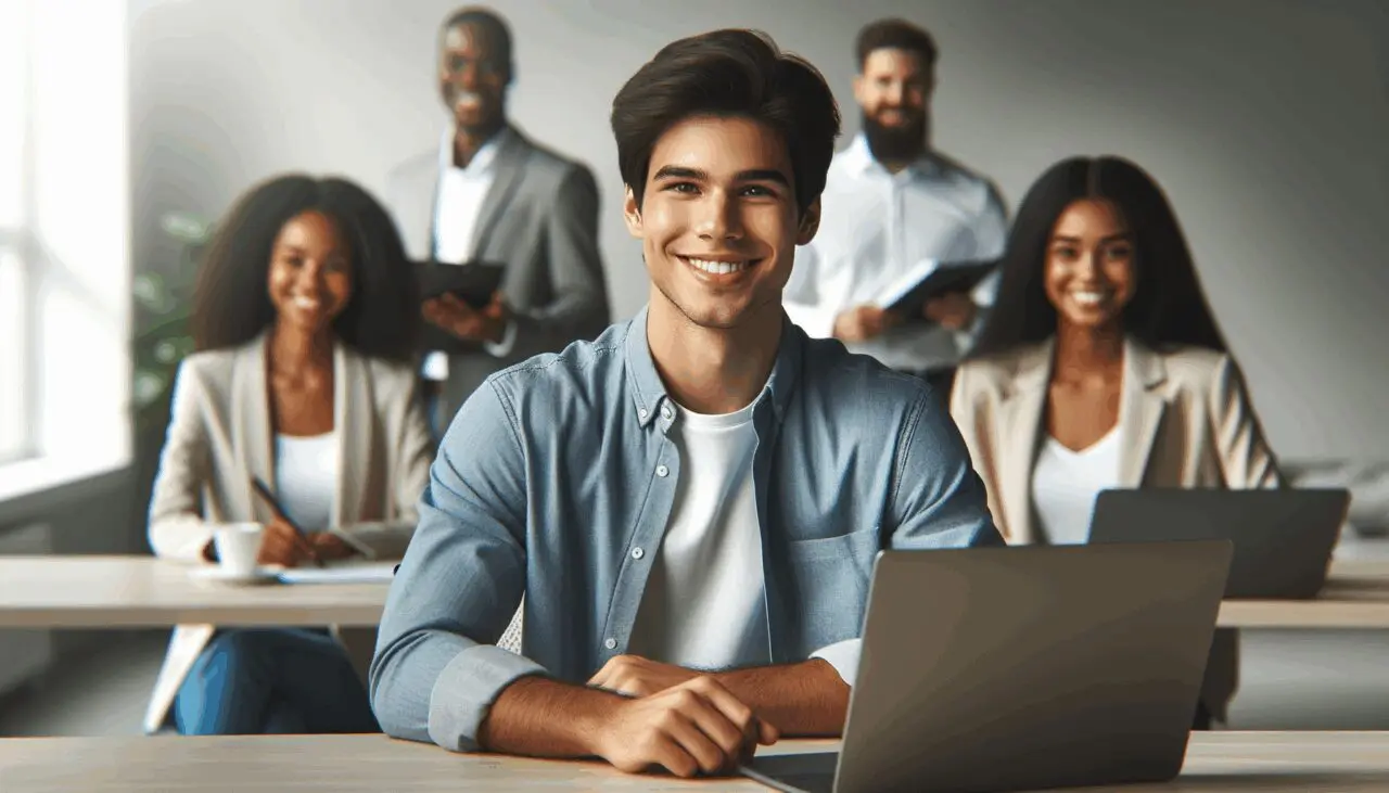 Retrato de un emprendedor joven en una oficina moderna con laptops, sonriendo, equipo diverso al fondo.