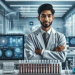 Investigador en laboratorio moderno con probetas y pantallas digitales de datos biomédicos