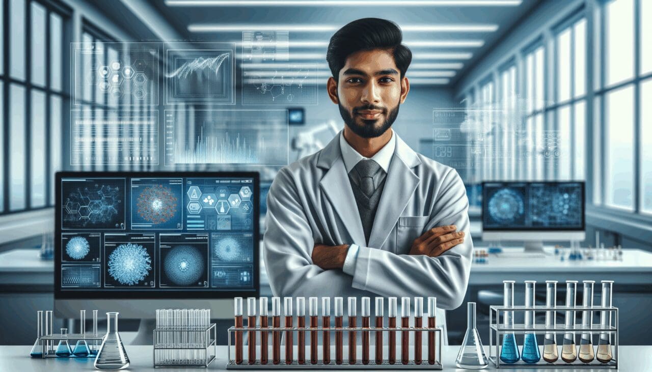 Investigador en laboratorio moderno con probetas y pantallas digitales de datos biomédicos