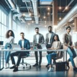 Grupo diverso de emprendedores trabajando juntos en un espacio de coworking moderno, con elementos tecnológicos y ambiente luminoso.