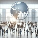 Exposición internacional de startups en un centro de convenciones moderno, con asistentes interactuando en un ambiente colaborativo.