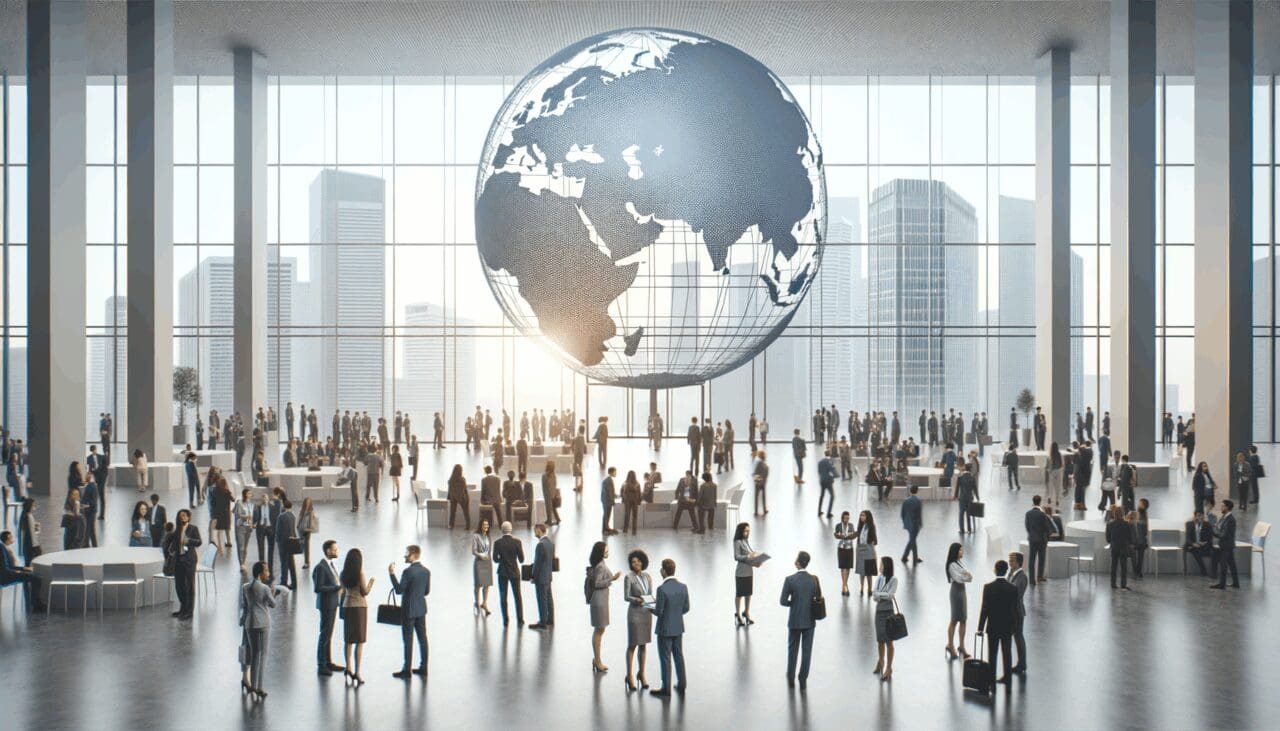 Exposición internacional de startups en un centro de convenciones moderno, con asistentes interactuando en un ambiente colaborativo.