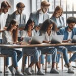 Equipo multicultural de jóvenes emprendedores colaborando en laptops en una sala moderna y luminosa.