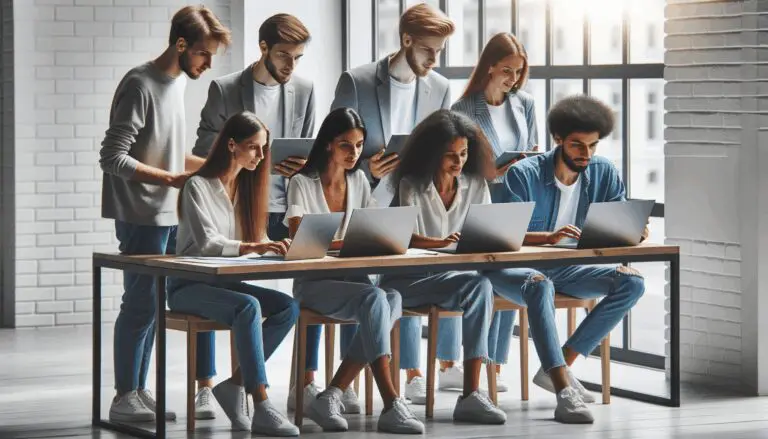 Equipo multicultural de jóvenes emprendedores colaborando en laptops en una sala moderna y luminosa.
