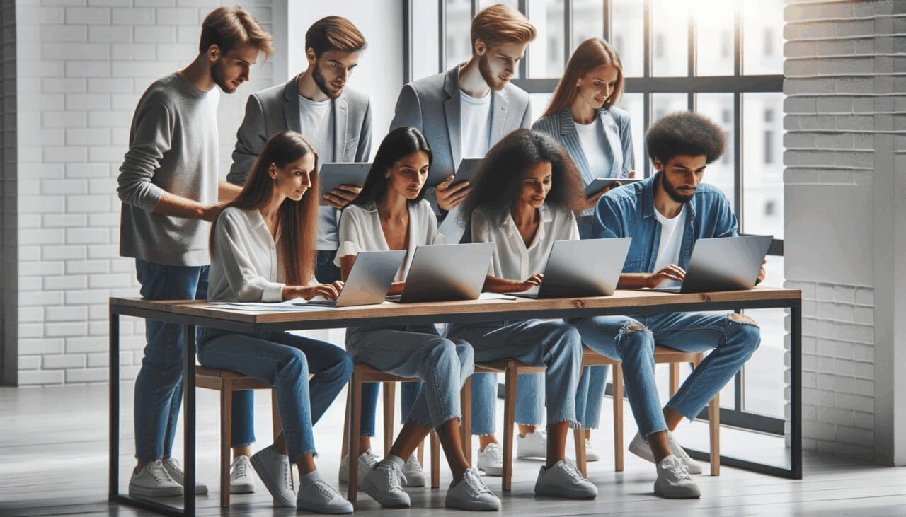Equipo multicultural de jóvenes emprendedores colaborando en laptops en una sala moderna y luminosa.