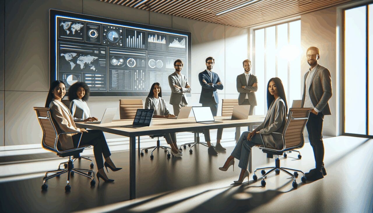 Equipo multicultural en una sala de reuniones tecnológica, laptops abiertas, pizarras digitales al fondo.