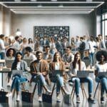 Reunión de emprendedores jóvenes en un espacio de coworking moderno con laptops y pizarras digitales.