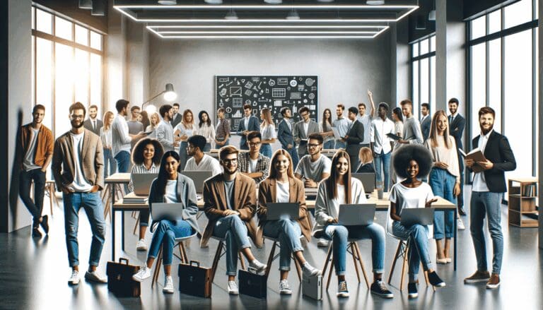 Reunión de emprendedores jóvenes en un espacio de coworking moderno con laptops y pizarras digitales.